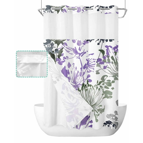 No Hook Shower Curtain with Snap in Liner, Purple and Sage Green Blowball Flowers Hand Painted Floral Shower Curtains for Bathroom, Washable Shower Curtain Liner Set with Mesh Top Window, 54"x78"