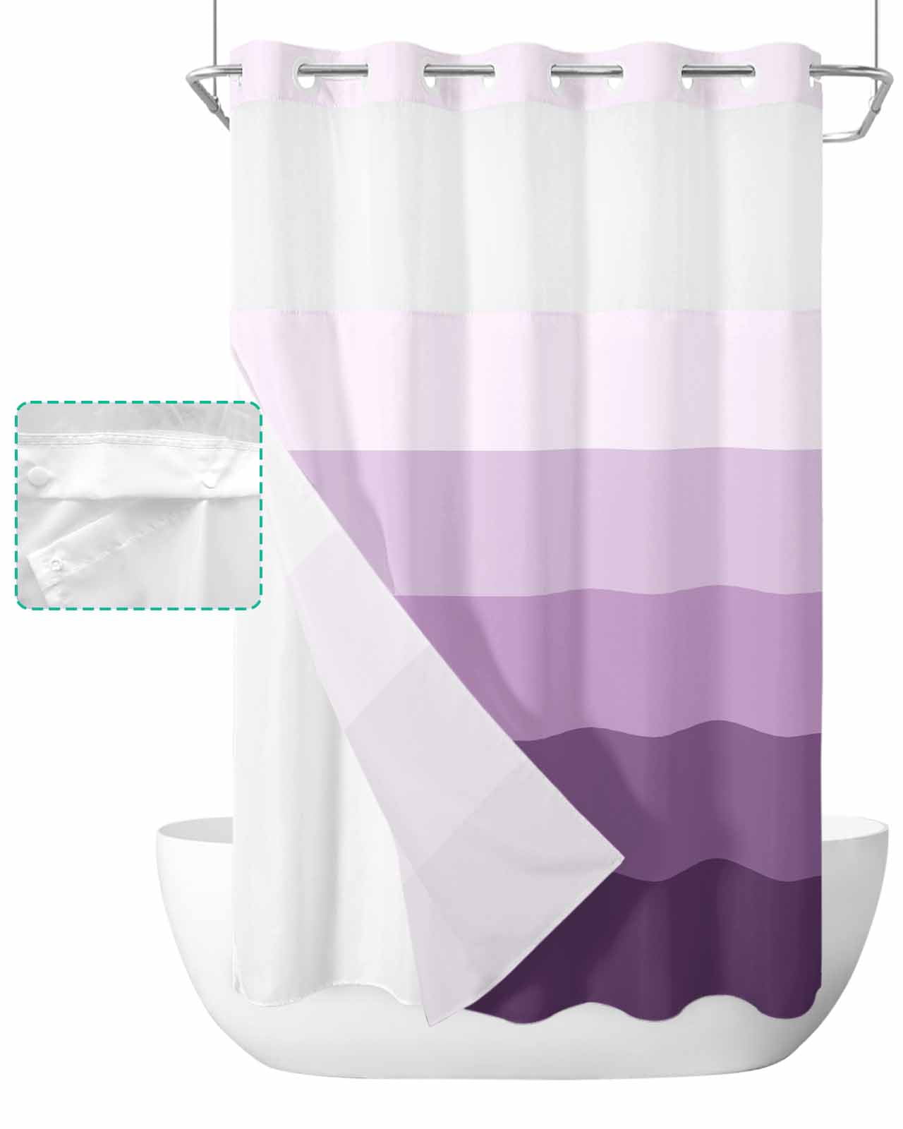 No Hook Shower Curtain with Snap in Liner, Purple Striped Gradient Rustic Wood Board Hotel Shower Curtains for Bathroom, Washable Shower Curtain Liner Set with Mesh Top Window, 54"x78"