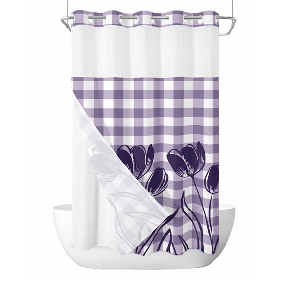 No Hook Shower Curtain with Snap in Liner Purple Tulip Shower Curtain -Fabric Waterproof Inner Liner, Purple Flower Silhouette Shower Curtains Washable 36"x72"
