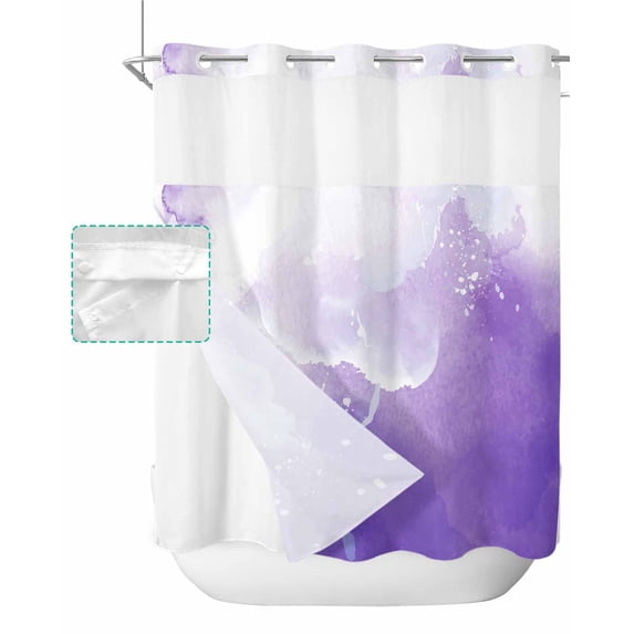 No Hook Shower Curtain with Snap in Liner, Purple and White Ombre Cloud Abstract Art Watercolor Hotel Shower Curtains for Bathroom, Washable Shower Curtain Liner Set with Mesh Top Window, 66"x72"