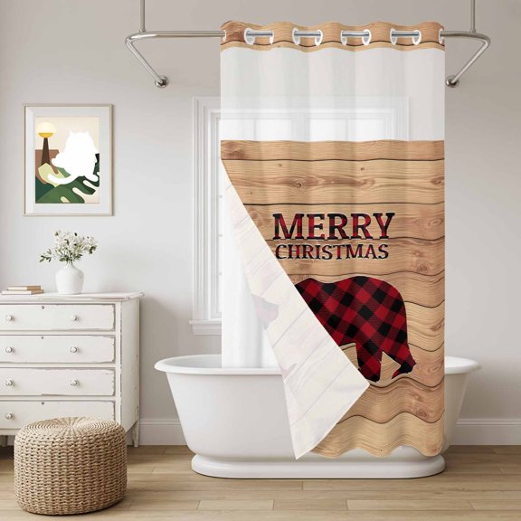 No Hook Shower Curtain with Snap in Liner, Red Black Buffalo Plaid Bear Curtain Set See-Through Top Double Layers Animal Silhouette Wood Grain Shower Curtains for Bathroom Decor, 36x72in