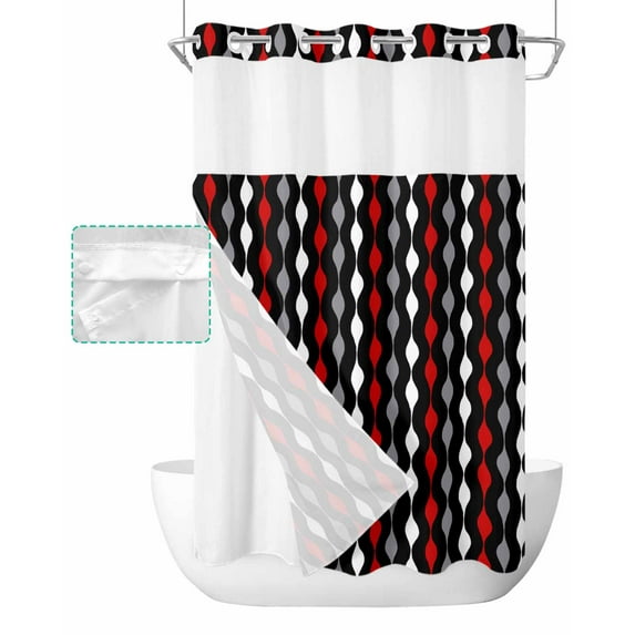 No Hook Shower Curtain with Snap in Liner, Red Grey Black and White Geometric Striped Hotel Shower Curtains for Bathroom, Washable Shower Curtain Liner Set with Mesh Top Window, 36"x78"
