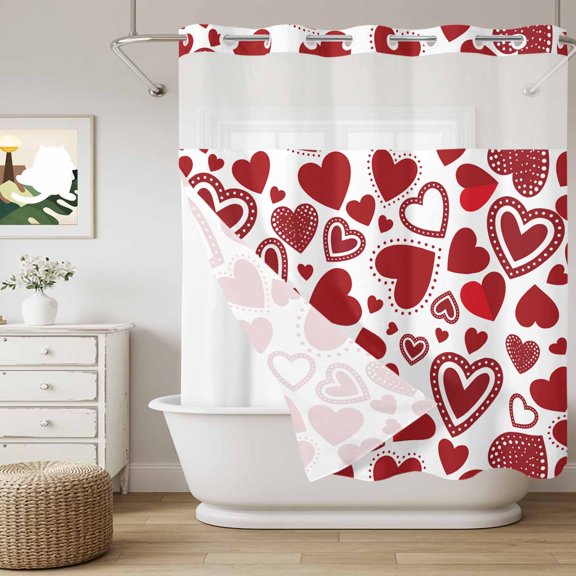 No Hook Shower Curtain with Snap in Liner, Red Love Heart Valentine's Day Romance Curtain Set See-Through Top Double Layers Heart Seamless Shower Curtains for Bathroom Decor, 72x72in