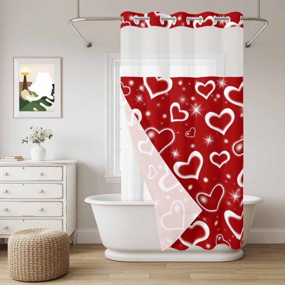No Hook Shower Curtain with Snap in Liner, Red Love Valentine's Day Watercolor Heart Curtain Set See-Through Top Double Layers Romance Glow Stars Seamless Shower Curtains for Bathroom Decor, 36x72in