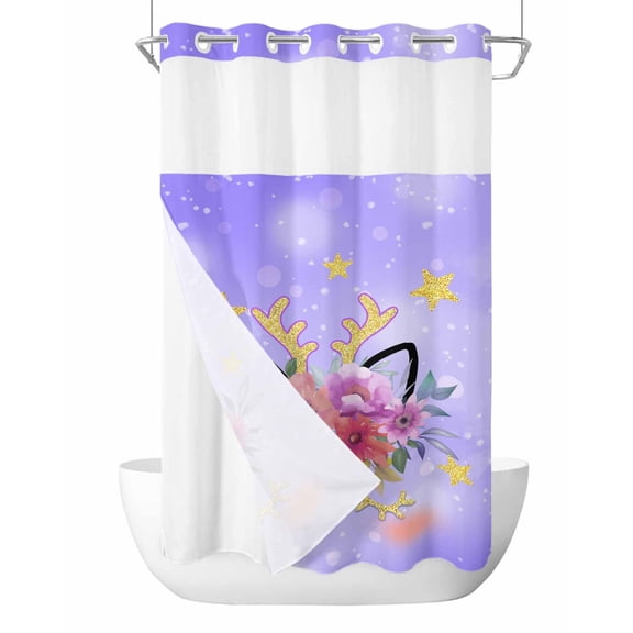 No Hook Shower Curtain with Snap in Liner Red Pink Flower Shower Curtain -Fabric Waterproof Inner Liner, Antlers Watercolor Leaves Purple Gradient Shower Curtains Washable 36"x72"