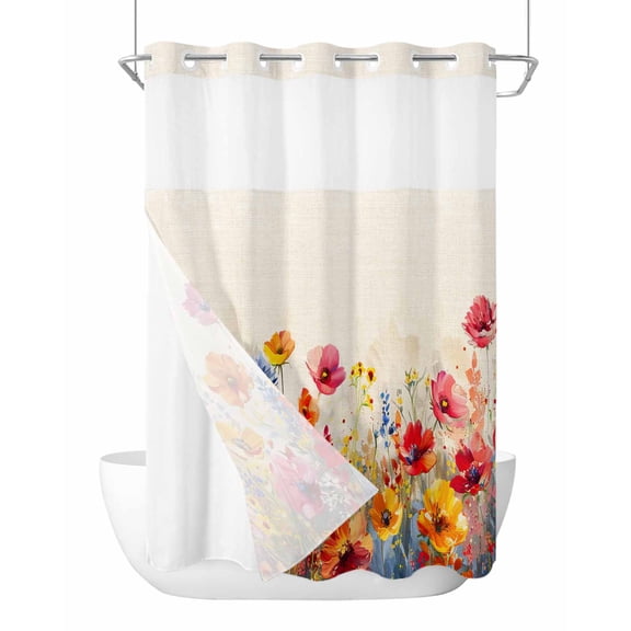 No Hook Shower Curtain with Snap in Liner Red Pink Shower Curtain -Fabric Waterproof Inner Liner, and Yellow Poppy Oil Painting Floral Retro Linen Shower Curtains Washable 48"x72"