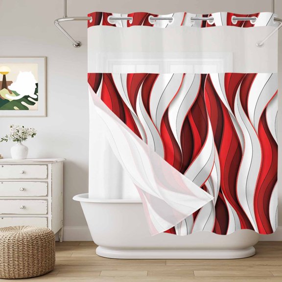 No Hook Shower Curtain with Snap in Liner, Red White Abstract Geometric Curtain Set See-Through Top Double Layers Modern Striped Minimalist Shower Curtains for Bathroom Decor, 72x72in