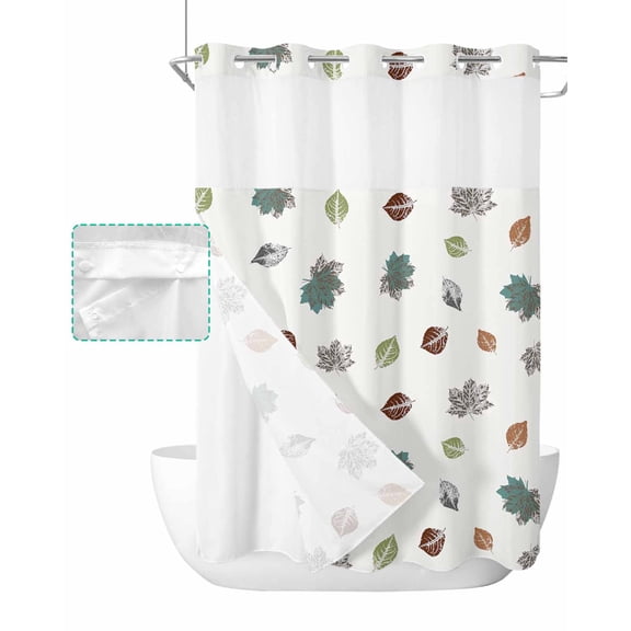No Hook Shower Curtain with Snap in Liner, Retro Abstraction Leaves Pattern Maple Leaf Overlay Hotel Shower Curtains for Bathroom, Washable Shower Curtain Liner Set with Mesh Top Window, 48"x72"