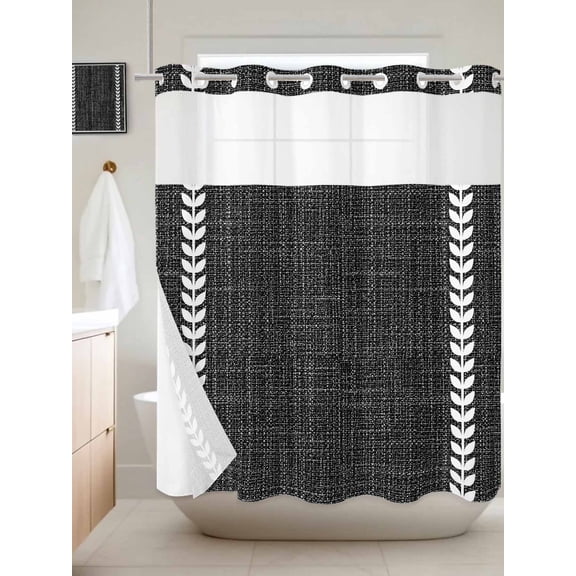 No Hook Shower Curtain with Snap in Liner, Retro Black Linen Texture Waterproof Bath Curtain Double Layers with See Through Top Window, White Braided Leaves Hotel Shower Curtains 72x72in