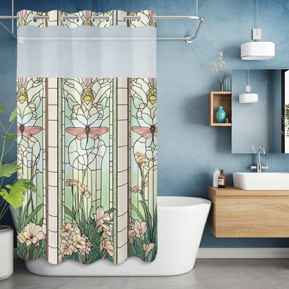 No Hook Shower Curtain with Snap in Liner, Retro Blossom Flower Butterfly Waterproof Bath Curtain Double Layers with See Through Top Window, Window Grille Floral Art Hotel Shower Curtains 36x72in