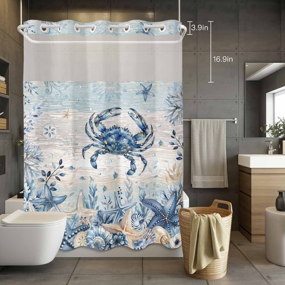 No Hook Shower Curtain with Snap in Liner, Retro Blue Crab Starfish Flowers Coral Waterproof Fabric Bathroom Curtain Mesh Top Window, Ocean Seashell Shower Curtains 72x84in