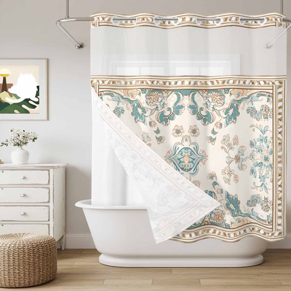 No Hook Shower Curtain with Snap in Liner, Retro Bohemia Tribal Flower Border Curtain Set See-Through Top Double Layers Western Farmhouse Shower Curtains for Bathroom Decor, 72x72in