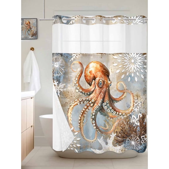 No Hook Shower Curtain with Snap in Liner, Retro Brown Ocean Octopus Waterproof Fabric Bathroom Curtain Mesh Top Window, Monster Marine Life Shower Curtains 60x72in