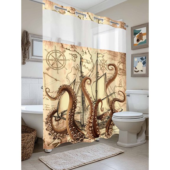 No Hook Shower Curtain with Snap in Liner, Retro Coastal Ocean Octopus Waterproof Bath Curtain Double Layers with See Through Top Window, Nautical Sailing Boat on Map Hotel Shower Curtains 72x84in