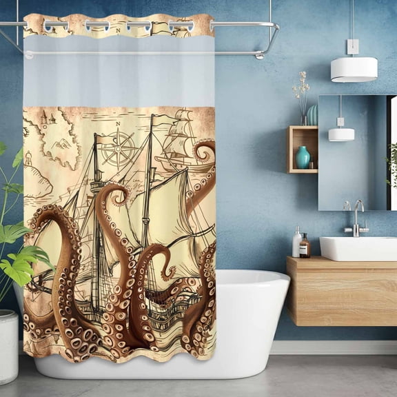No Hook Shower Curtain with Snap in Liner, Retro Coastal Ocean Octopus Waterproof Bath Curtain Double Layers with See Through Top Window, Nautical Sailing Boat on Map Hotel Shower Curtains 36x72in