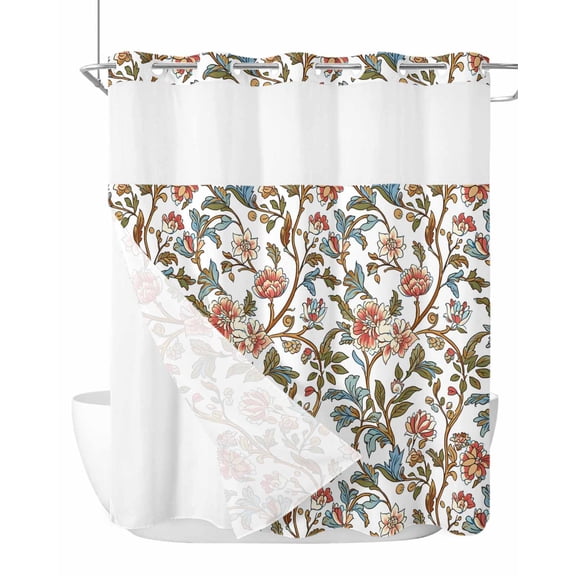 No Hook Shower Curtain with Snap in Liner Retro Flowers Shower Curtain -Fabric Waterproof Inner Liner, Red Vintage Floral Branch Shower Curtains Washable 72"x72"