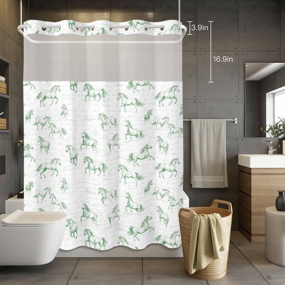 No Hook Shower Curtain with Snap in Liner, Retro Green Horse Animal on White Waterproof Fabric Bathroom Curtain Mesh Top Window, Line Drawing Shower Curtains 72x84in