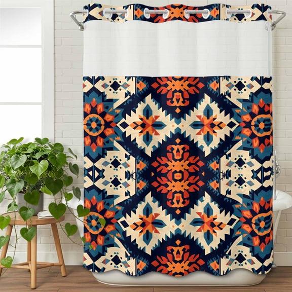 No Hook Shower Curtain with Snap in Liner, Retro Indian Ethnic Style Waterproof Bath Curtain Double Layers with See Through Top Window, Ancient Patterns Hotel Shower Curtains 48x72in