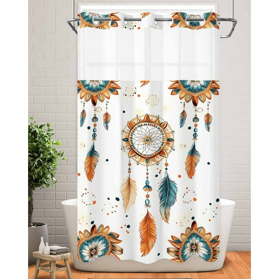 No Hook Shower Curtain with Snap in Liner,Retro Indian Totem Waterproof Bath Curtain Double Layers with See Through Top Window,Abstract Ancient Patterns Hotel Shower Curtains 36x72in