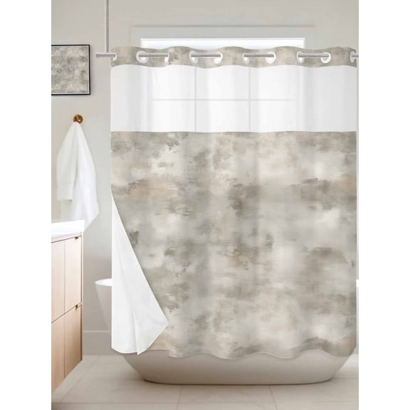 No Hook Shower Curtain with Snap in Liner, Retro Marble Slate Pattern Waterproof Bath Curtain Double Layers with See Through Top Window, Gradient Art Hotel Shower Curtains 72x72in