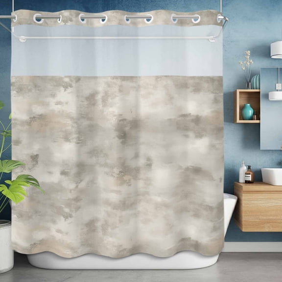 No Hook Shower Curtain with Snap in Liner, Retro Marble Slate Pattern Waterproof Fabric Bathroom Curtain Mesh Top Window, Gradient Art Shower Curtains 72x72in