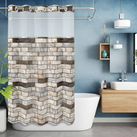 No Hook Shower Curtain with Snap in Liner, Retro Marble Texture Pattern Waterproof Bath Curtain Double Layers with See Through Top Window, Farm Stone Brick Decoration Hotel Shower Curtains 36x72in