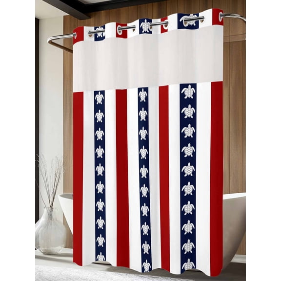 No Hook Shower Curtain with Snap in Liner, Retro Marine Turtle Waterproof Fabric Bathroom Curtain Mesh Top Window, Red Blue White Geometric Stripe Shower Curtains 60x72in