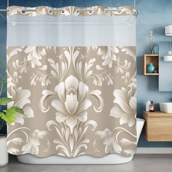 No Hook Shower Curtain with Snap in Liner, Retro Medieval Totem Waterproof Fabric Bathroom Curtain Mesh Top Window, Abstract Flowers Turkish Pattern Shower Curtains 72x72in