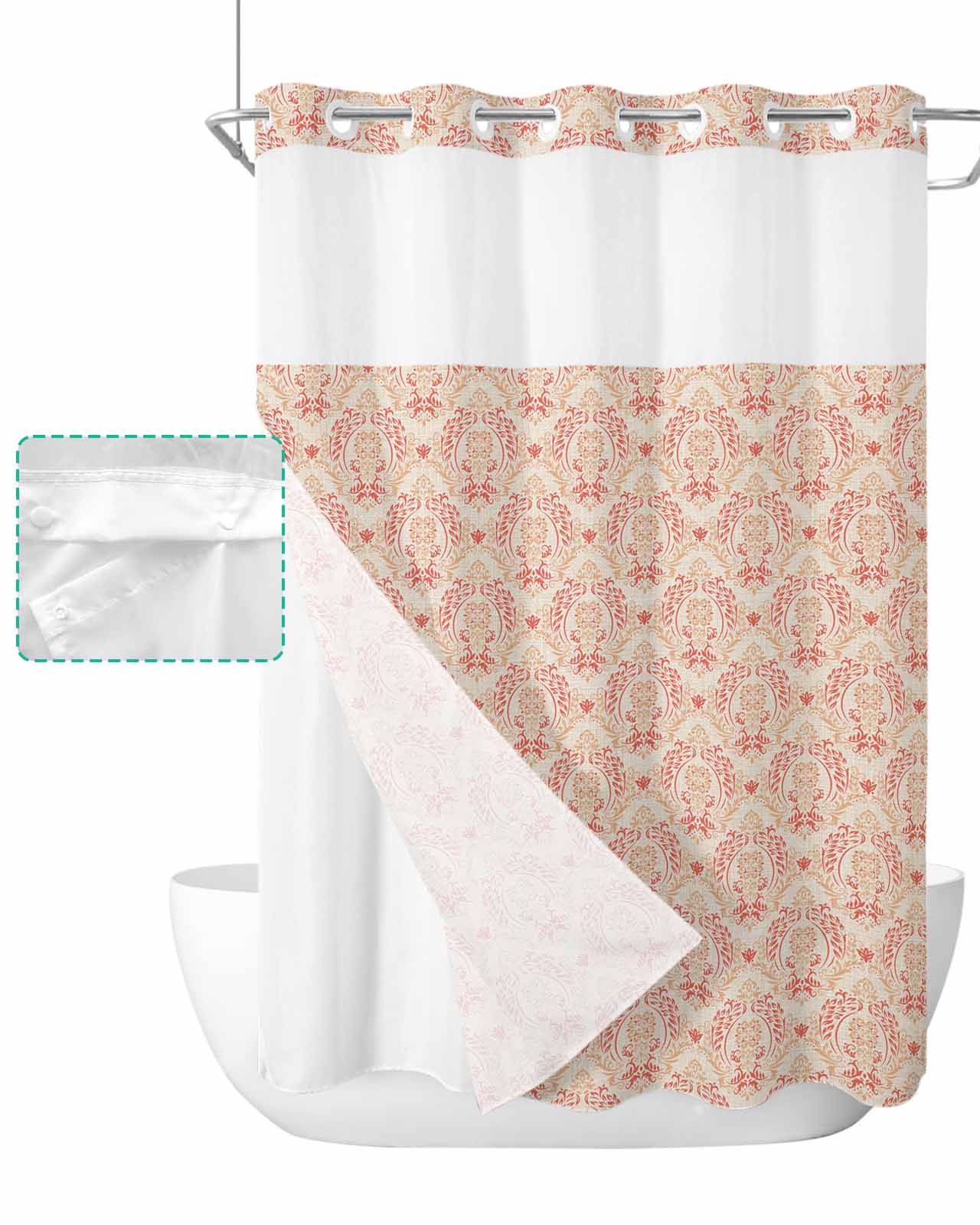 No Hook Shower Curtain with Snap in Liner, Retro Mid-Centure Baroque