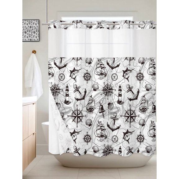 No Hook Shower Curtain with Snap in Liner, Retro Nautical Anchor Lighthouse Waterproof Bath Curtain Double Layers with See Through Top Window, Black White Compass Map Hotel Shower Curtains 72x72in