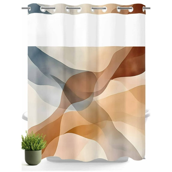 No Hook Shower Curtain with Snap in Liner,Retro Ombre Blue Brown Waves Waterproof Bath Curtain Double Layers with See Through Top Window,Abstract Water Ripple Seamless Hotel Shower Curtains 72x72in