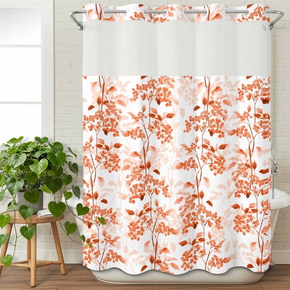 No Hook Shower Curtain with Snap in Liner, Retro Orange Berry Tree Leaf Waterproof Bath Curtain Double Layers with See Through Top Window, Watercolor Fruit Plant Art Hotel Shower Curtains 48x72in