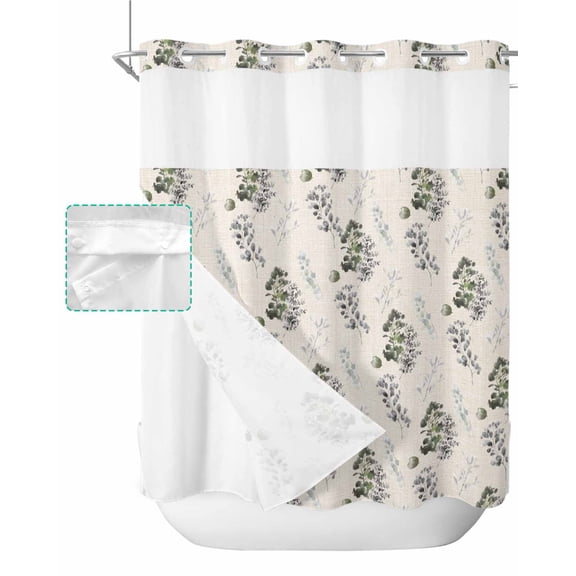 No Hook Shower Curtain with Snap in Liner, Retro Plant Leaves Hand Painted Watercolor Linen Hotel Shower Curtains for Bathroom, Washable Shower Curtain Liner Set with Mesh Top Window, 72”x78”