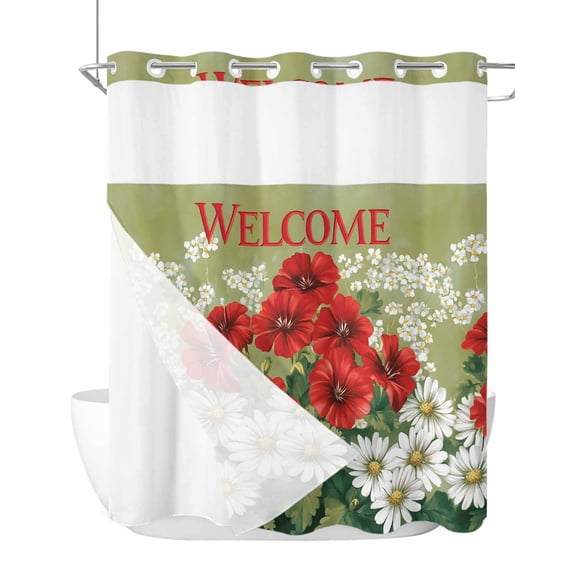 No Hook Shower Curtain with Snap in Liner Retro Shower Curtain -Fabric Waterproof Inner Liner, Welcome Red White Watercolor Flowers Flora Shower Curtains Washable 72"x78"