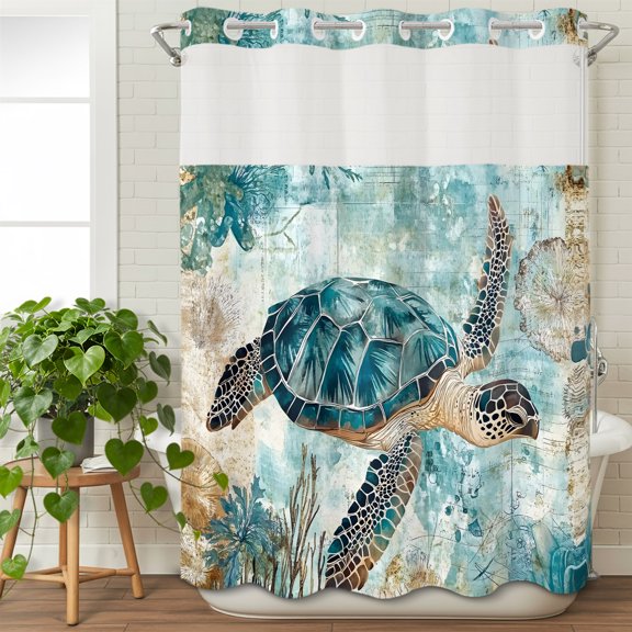 No Hook Shower Curtain with Snap in Liner, Retro Summer Sea Turtle Waterproof Bath Curtain Double Layers with See Through Top Window, Retro Nautical Map Background Hotel Shower Curtains 48x72in