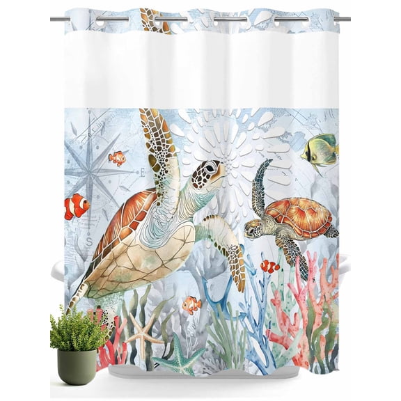 No Hook Shower Curtain with Snap in Liner,Retro Turtle Summer Coastal Coral Waterproof Bath Curtain Double Layers with See Through Top Window,Seaside Cartoon Fish Hotel Shower Curtains 72x72in
