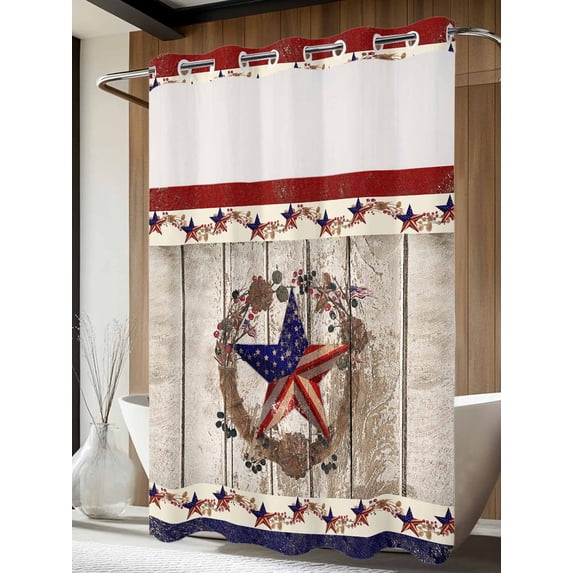 No Hook Shower Curtain with Snap in Liner, Retro USA Flag Star and Berry Waterproof Fabric Bathroom Curtain Mesh Top Window, Wooden Texture Shower Curtains 60x72in