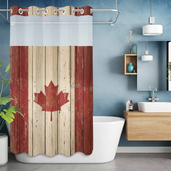 No Hook Shower Curtain with Snap in Liner, Retro Wooden Stripes Maple Leafs Waterproof Fabric Bathroom Curtain Mesh Top Window, Country Red Brown Plank Shower Curtains 36x72in