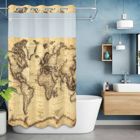 No Hook Shower Curtain with Snap in Liner, Retro Yellow World Map North America Asia Waterproof Fabric Bathroom Curtain Mesh Top Window, Pacific Plate Shower Curtains 36x72in