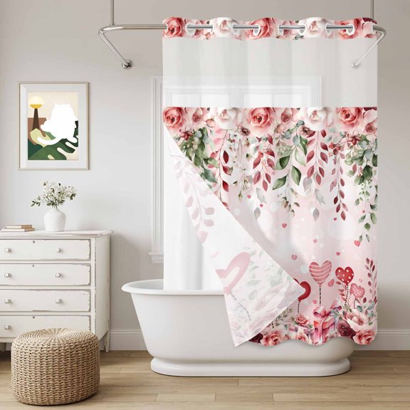 No Hook Shower Curtain with Snap in Liner, Romantic Valentine's Day Floral Curtain Set See-Through Top Double Layers Love Heart Rose Leaf Present Shower Curtains for Bathroom Decor, 60x72in