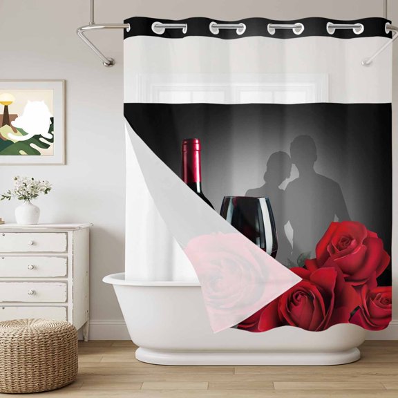 No Hook Shower Curtain with Snap in Liner, Rose Red Wine Valentine's Day Couples Curtain Set See-Through Top Double Layers Romance Floral Shower Curtains for Bathroom Decor, 72x72in