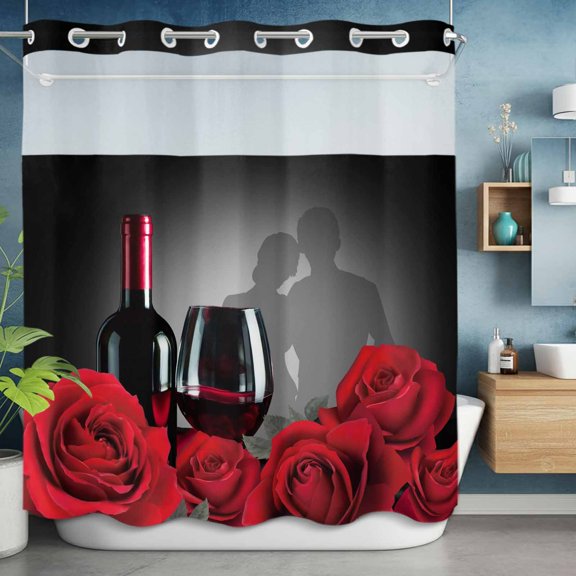 No Hook Shower Curtain with Snap in Liner, Rose Red Wine Valentine's Day Couples Waterproof Fabric Bathroom Curtain Mesh Top Window, Romance Floral Shower Curtains 72x72in