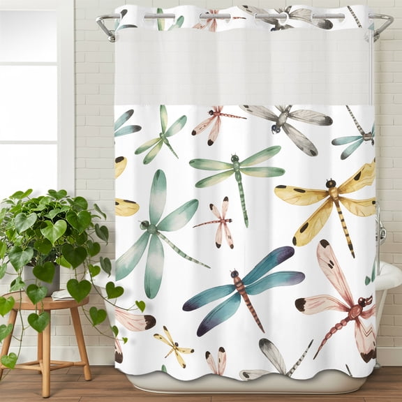 No Hook Shower Curtain with Snap in Liner, Rustic Watercolor Dragonfly Waterproof Bath Curtain Double Layers with See Through Top Window, Vintage Garden Insects Hotel Shower Curtains 48x72in