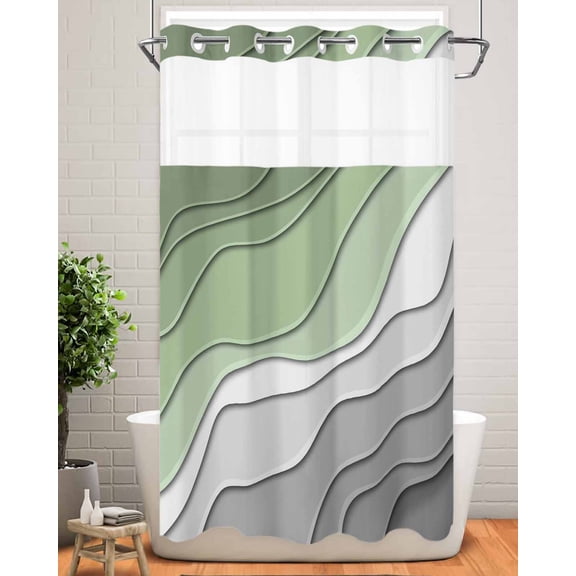 No Hook Shower Curtain with Snap in Liner,Sage Green Gradient Stripe Ripple Waterproof Bath Curtain Double Layers with See Through Top Window,White Gray Abstract Line Hotel Shower Curtains 36x72in