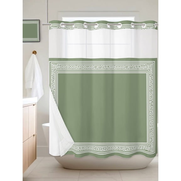 No Hook Shower Curtain with Snap in Liner, Sage Green Greece Key Waterproof Bath Curtain Double Layers with See Through Top Window, Abstract Geometric Greece Hotel Shower Curtains 72x72in