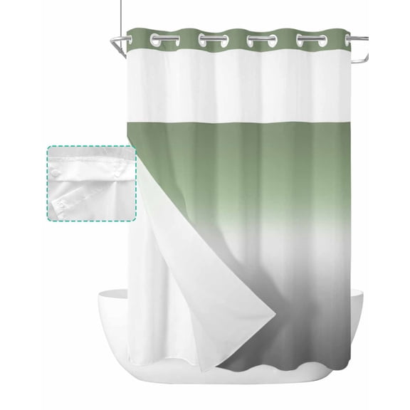 No Hook Shower Curtain with Snap in Liner, Sage Green and Grey Ombre Color Gradient Hotel Shower Curtains for Bathroom, Washable Shower Curtain Liner Set with Mesh Top Window, 60"x72"