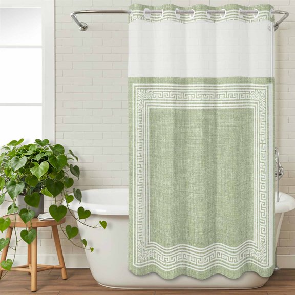 No Hook Shower Curtain with Snap in Liner,Sage Green Linen Burlap Key Waterproof Bath Curtain with See Through Top Window,Abstract Greek Inspired Texture Shower Curtains for Bathroom Decor,36x72in