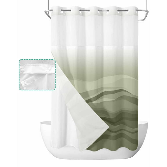 No Hook Shower Curtain with Snap in Liner, Sage Green Ombre Ocean Wave Gradient Hotel Shower Curtains for Bathroom, Washable Shower Curtain Liner Set with Mesh Top Window, 54"x78"