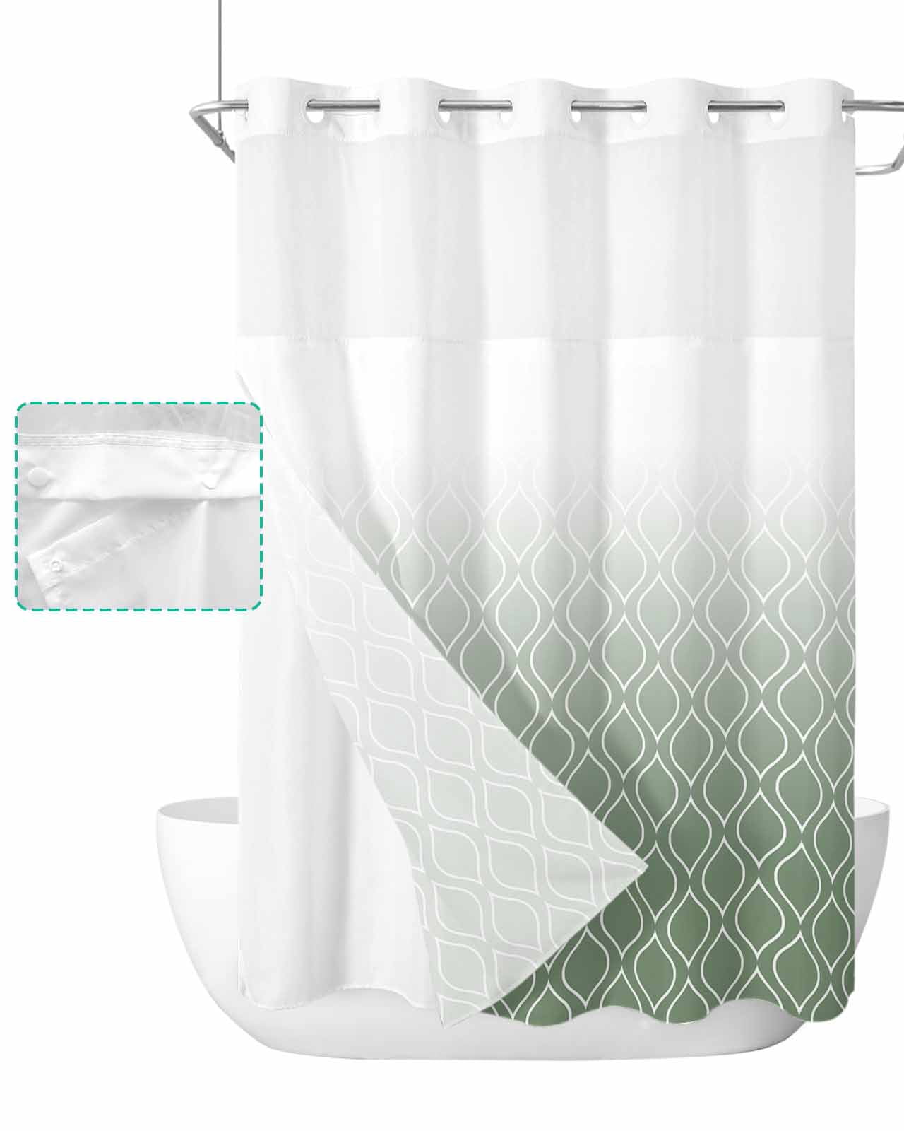 No Hook Shower Curtain with Snap in Liner, Sage Green White Ombre