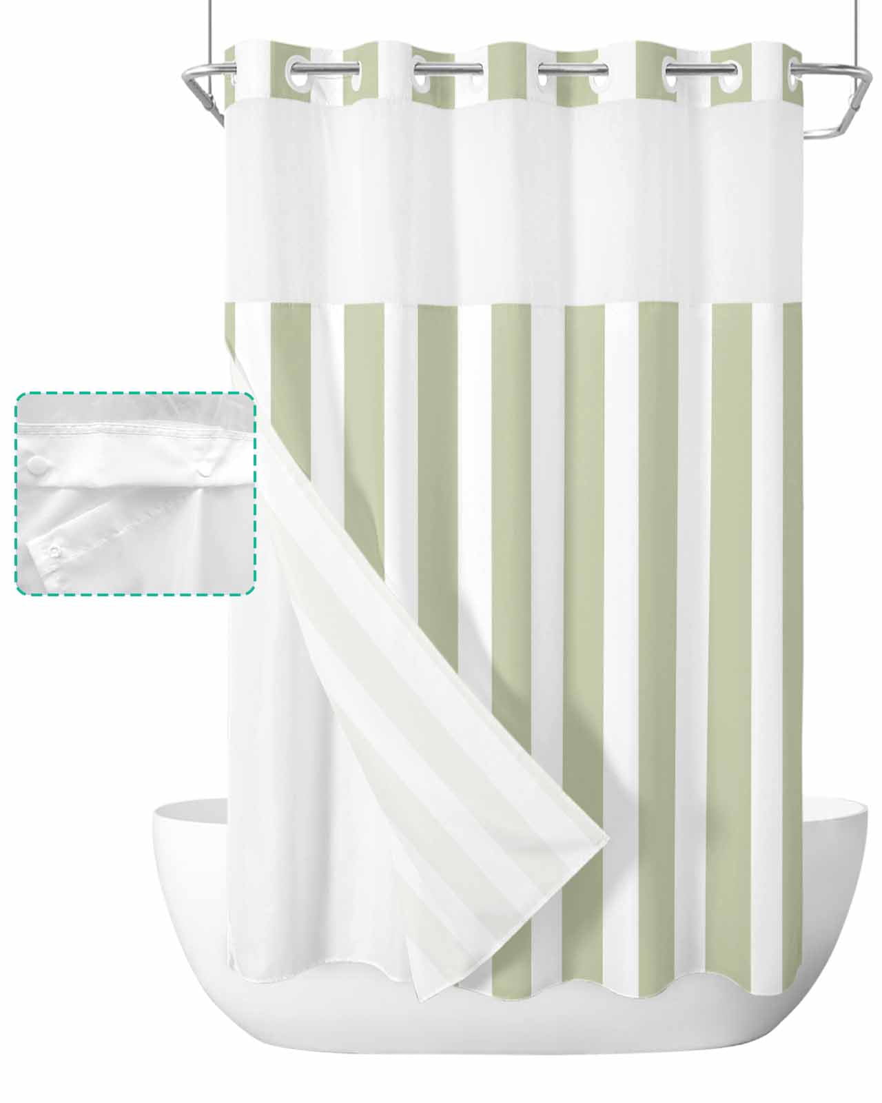 No Hook Shower Curtain with Snap in Liner, Sage Green and White Striped Geometric Hotel Shower Curtains for Bathroom, Washable Shower Curtain Liner Set with Mesh Top Window, 54"x78"